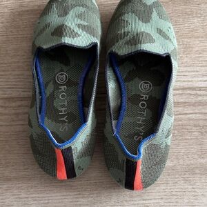Rothy's Green Camouflage Flats with Orange and Blue Accents